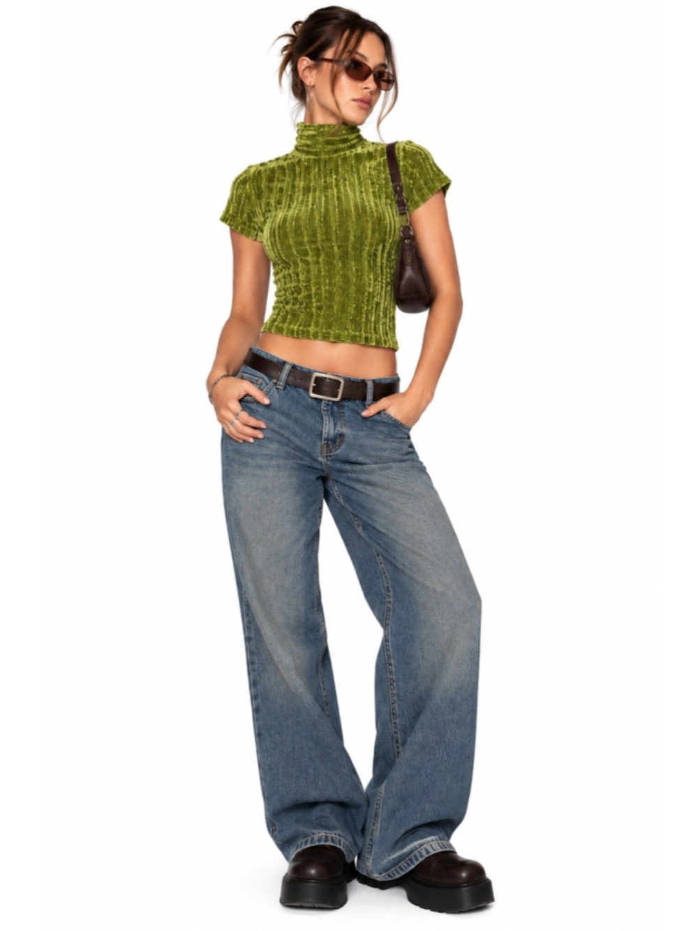 Vintage 90s Betty Blue Green Crushed Velvet Turtleneck Top Short Sleeve Y2K